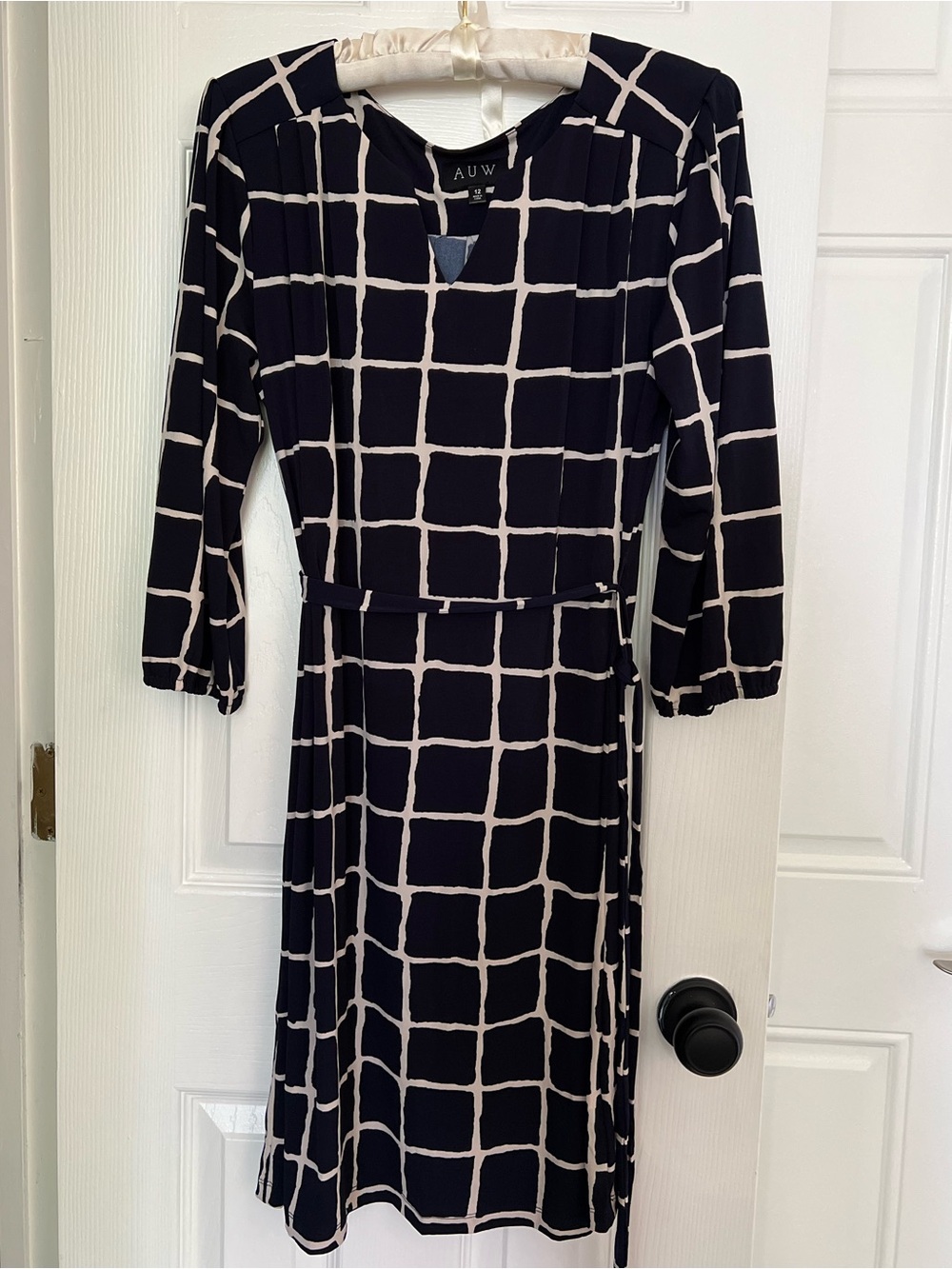 AUW Navy and White Grid Wrap-Style Long Sleeve Dress